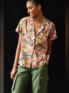 Pilcro Floral Camp Collar Short-Sleeve Shirt in Pink and Green